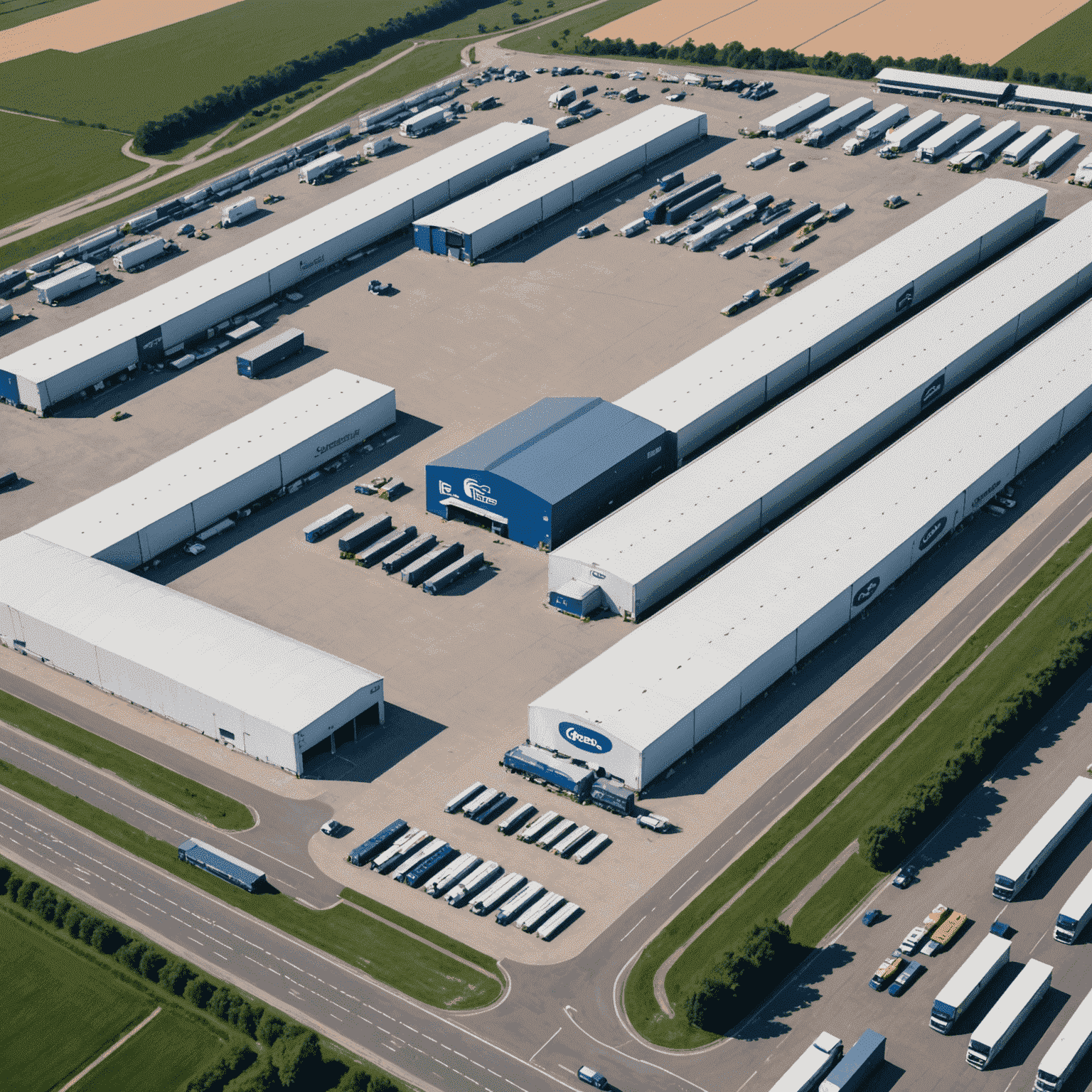 Aerial view of a large logistics center in France with Globenesti's logo prominently displayed